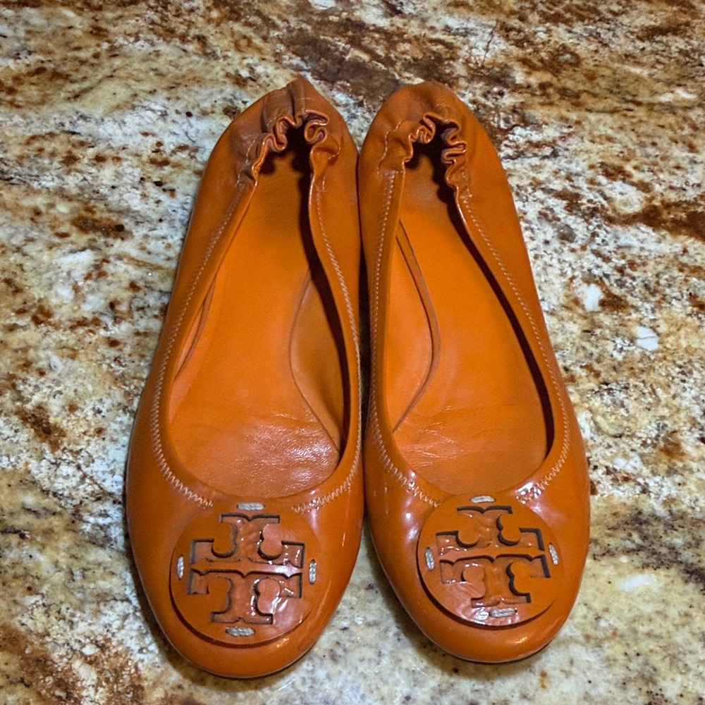 Tory Burch Cognac Leather Logo Ballet Flats